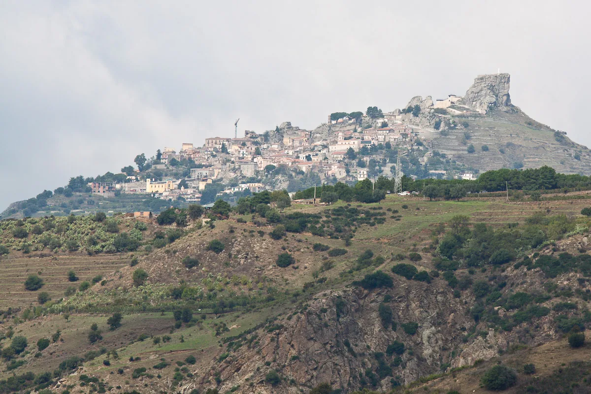 Panoramic view of Bova with the town on a hill ridge.