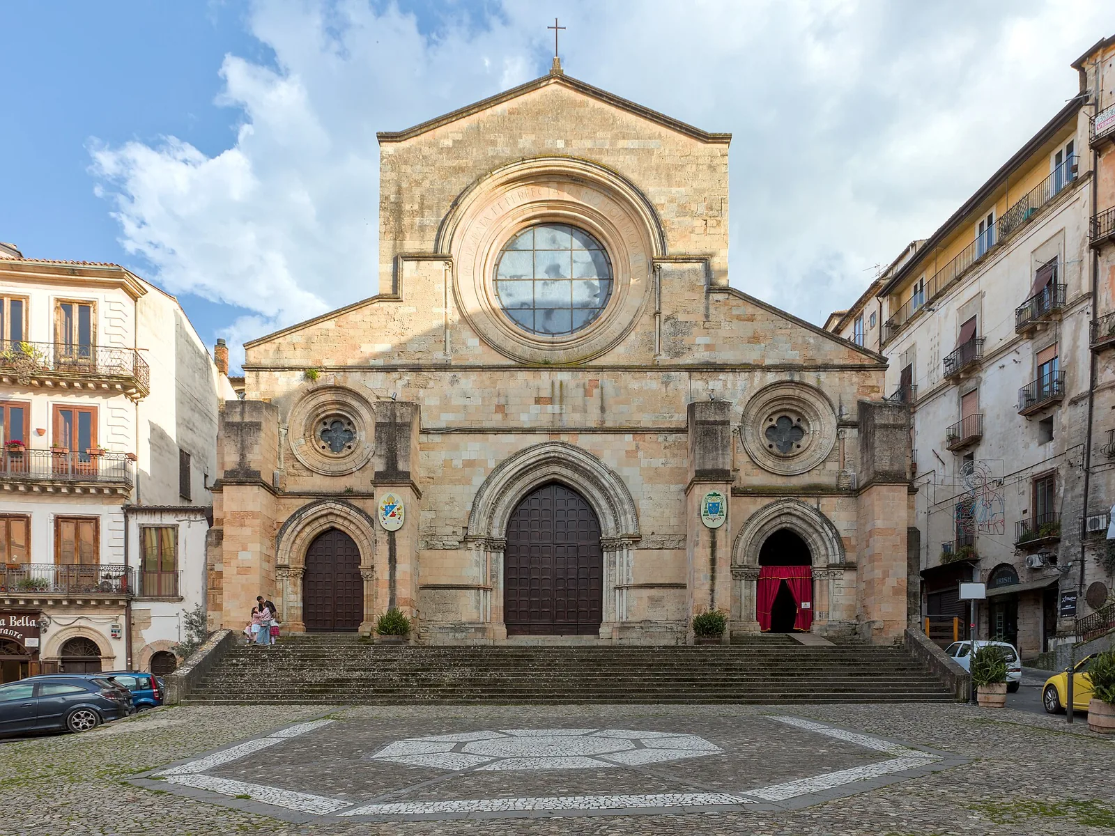 Facade of Cosenza Cathedral with rose window.