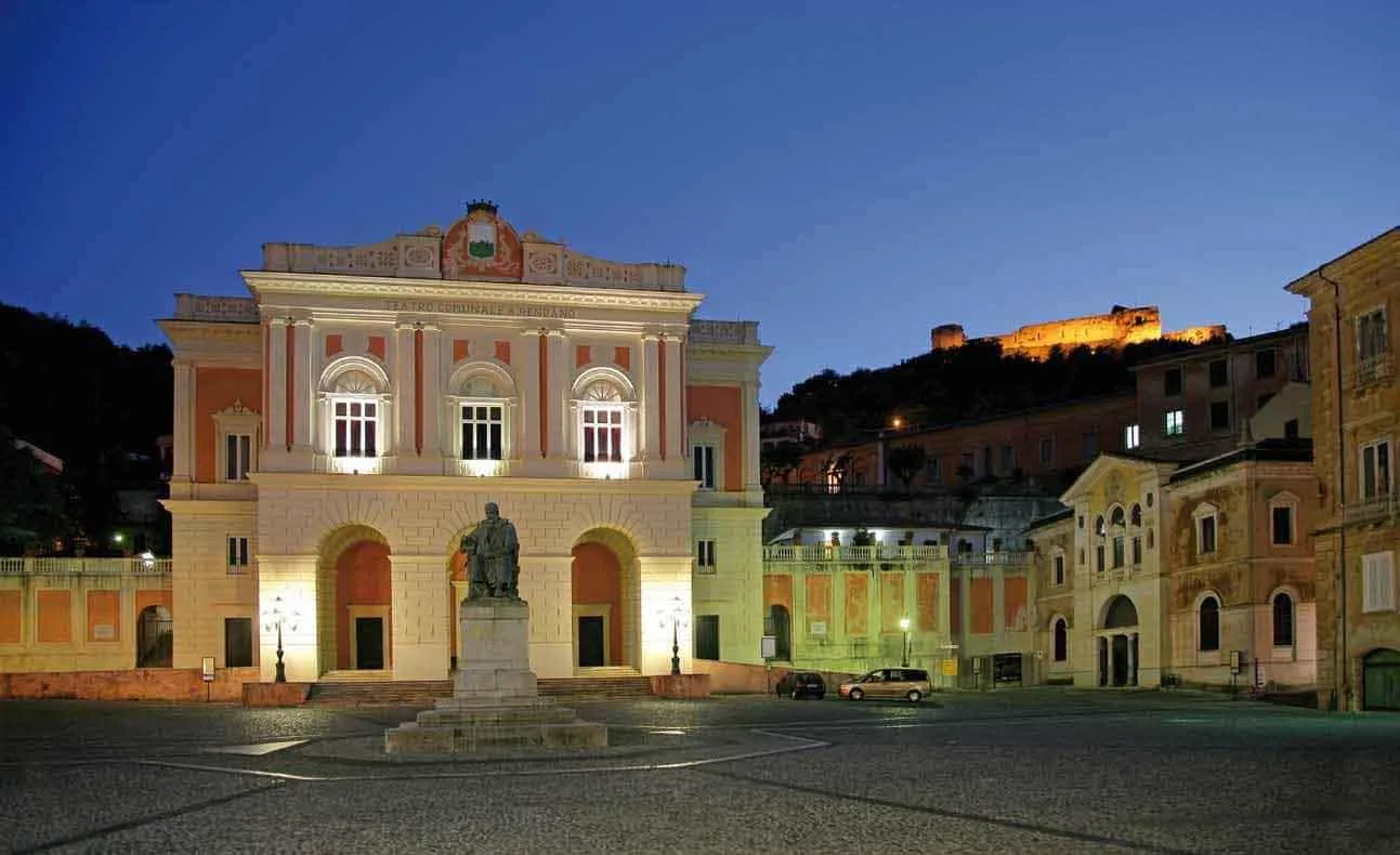Teatro Alfonso Rendano at night on Piazza XV Marzo in Cosenza
