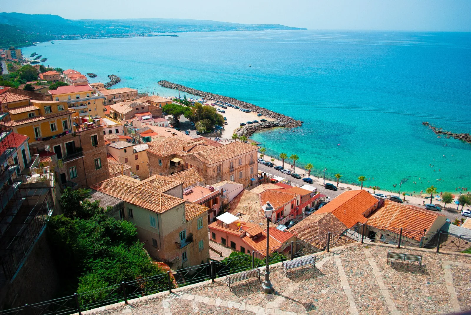 View of Pizzo Calabro, beach, and sea from above.