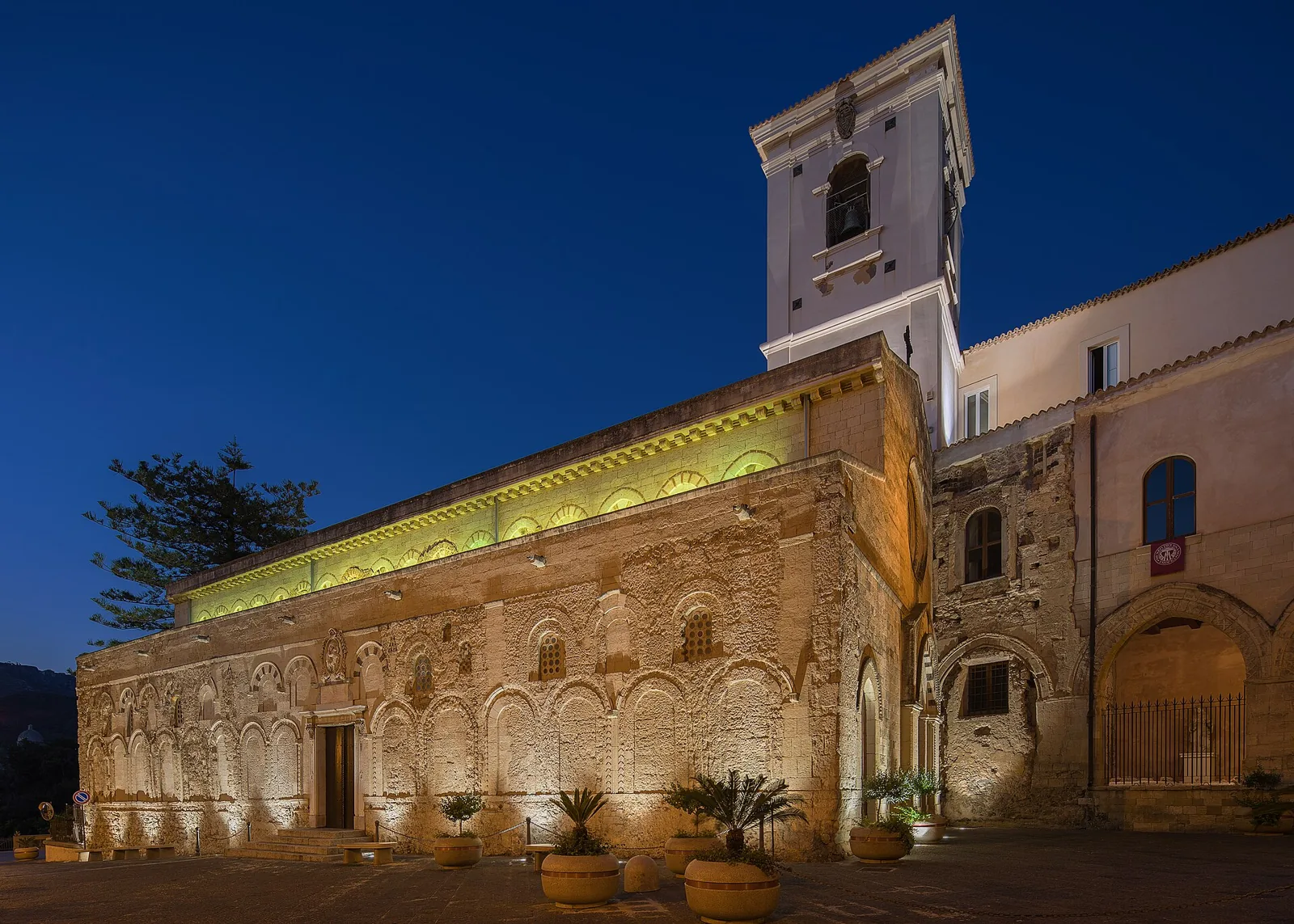 Tropea Cathedral at night, with facade and bell tower