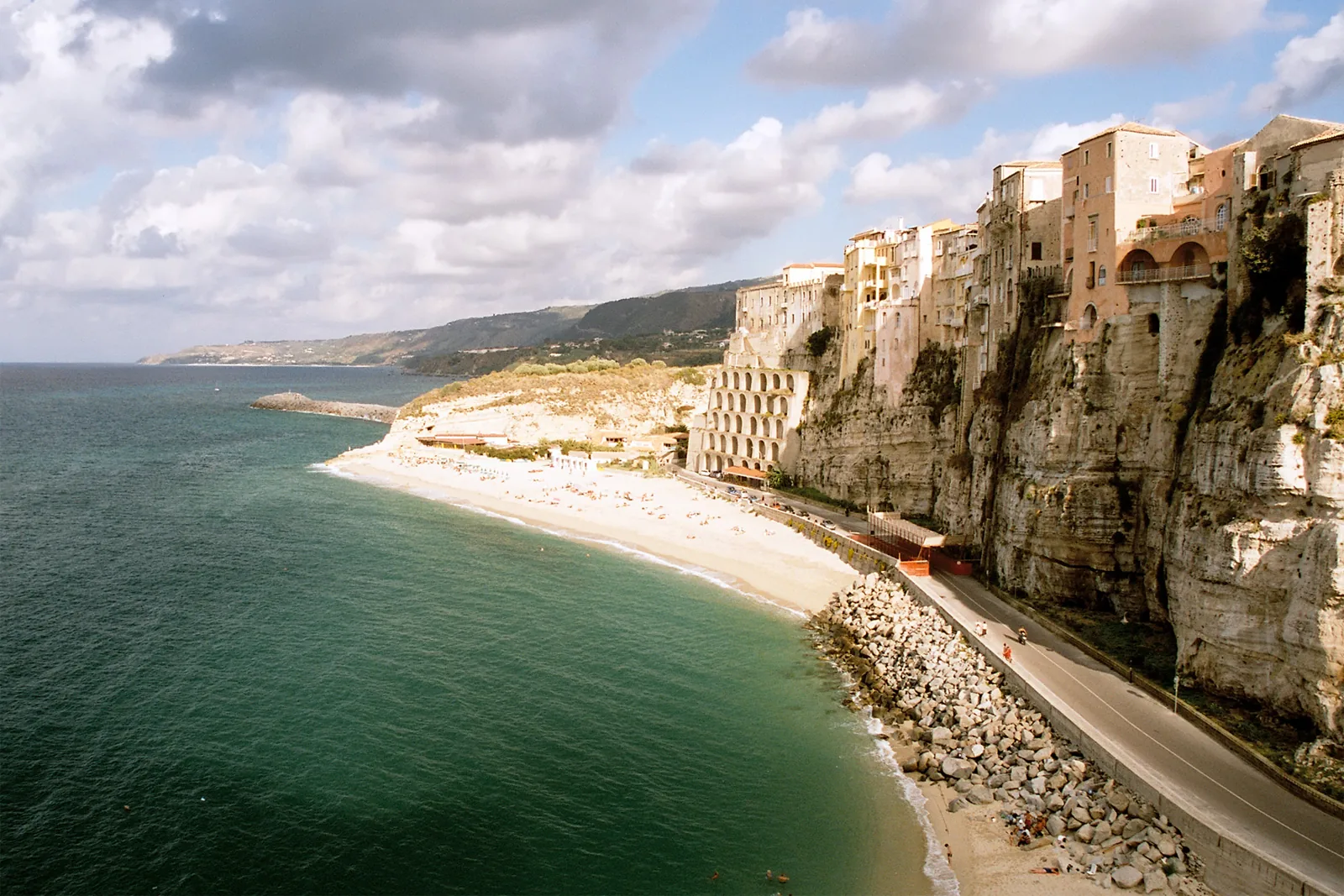 Tropea cliff and beach above turquoise sea